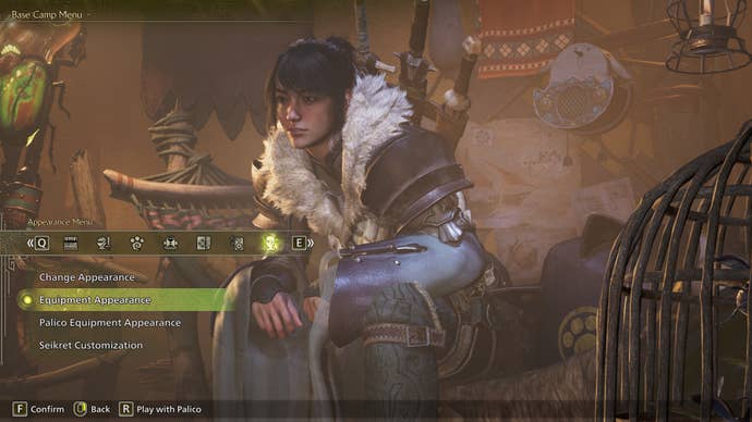 A screenshot of the Equipment Appearance option in Monster Hunter Wilds, with the hunter character sitting in their tent in the background.