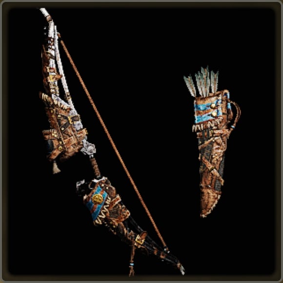 A close-up of a weapon in Monster Hunter Wilds against a black background.