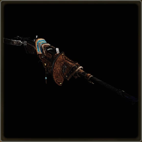A close-up of a weapon in Monster Hunter Wilds against a black background.