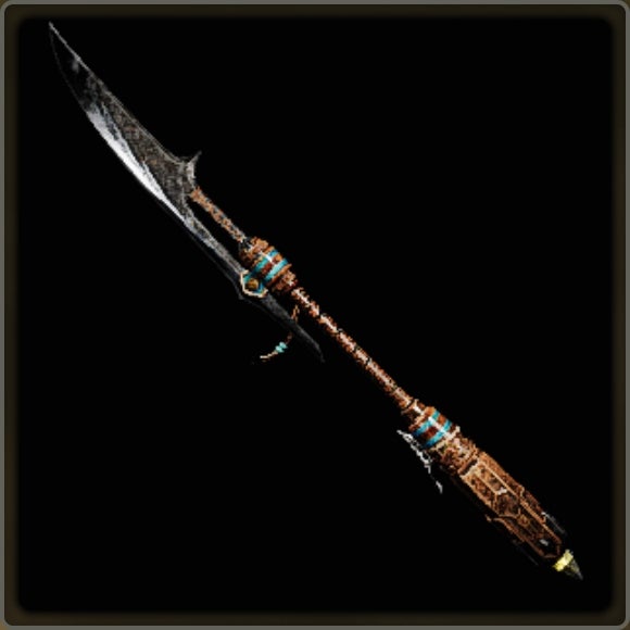 A close-up of a weapon in Monster Hunter Wilds against a black background.