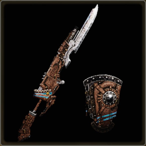 A close-up of a weapon in Monster Hunter Wilds against a black background.