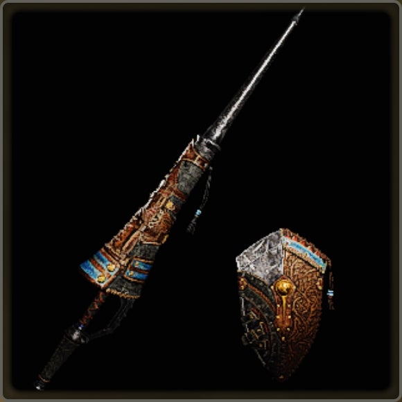 A close-up of a weapon in Monster Hunter Wilds against a black background.