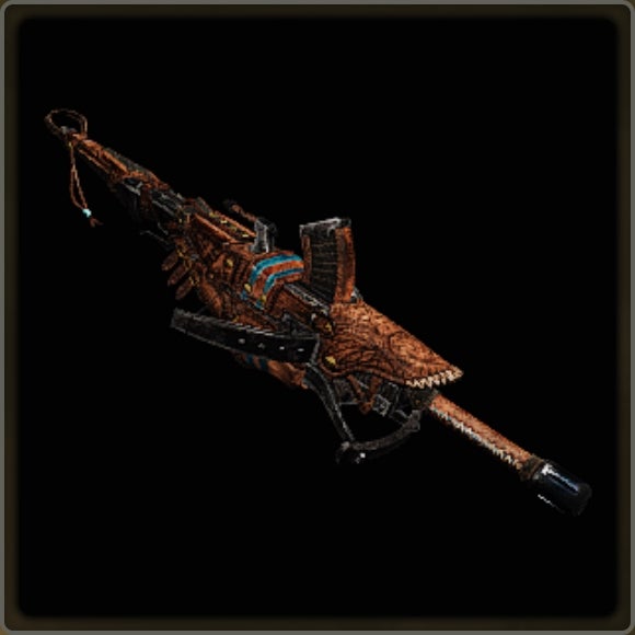 A close-up of a weapon in Monster Hunter Wilds against a black background.