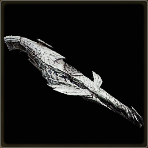 A close-up of a weapon in Monster Hunter Wilds against a black background.