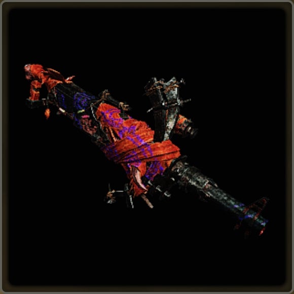 A close-up of a weapon in Monster Hunter Wilds against a black background. - 7