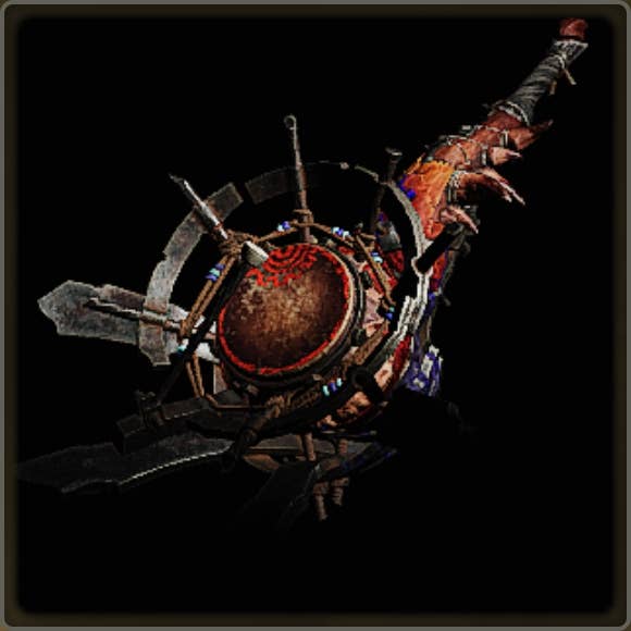 A close-up of a weapon in Monster Hunter Wilds against a black background.
