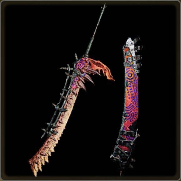A close-up of a weapon in Monster Hunter Wilds against a black background.