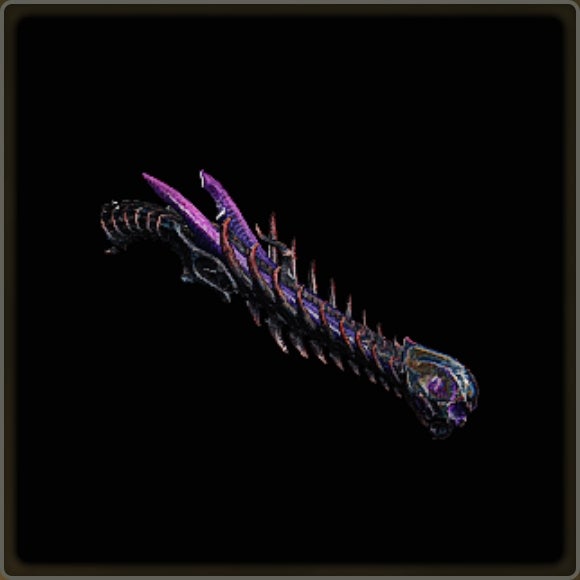 A close-up of a weapon in Monster Hunter Wilds against a black background.