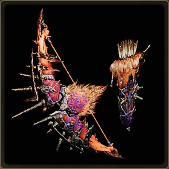A close-up of a weapon in Monster Hunter Wilds against a black background.