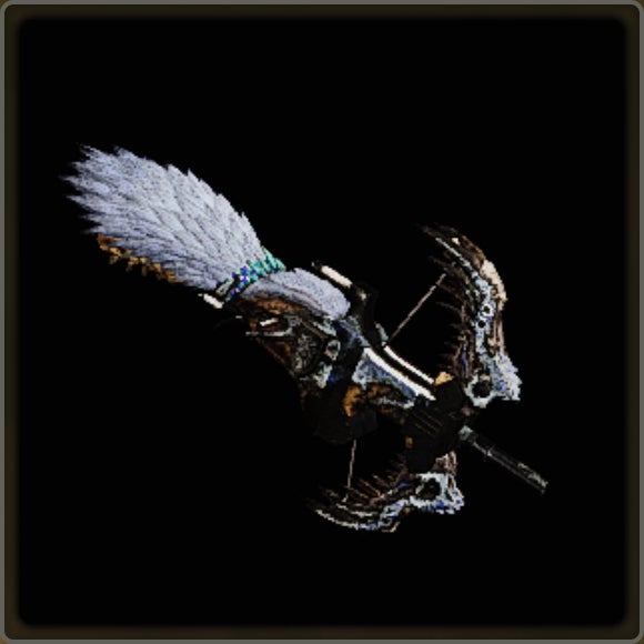 A close-up of a weapon in Monster Hunter Wilds against a black background. - 19