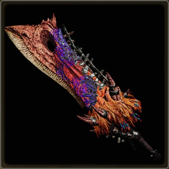A close-up of a weapon in Monster Hunter Wilds against a black background.