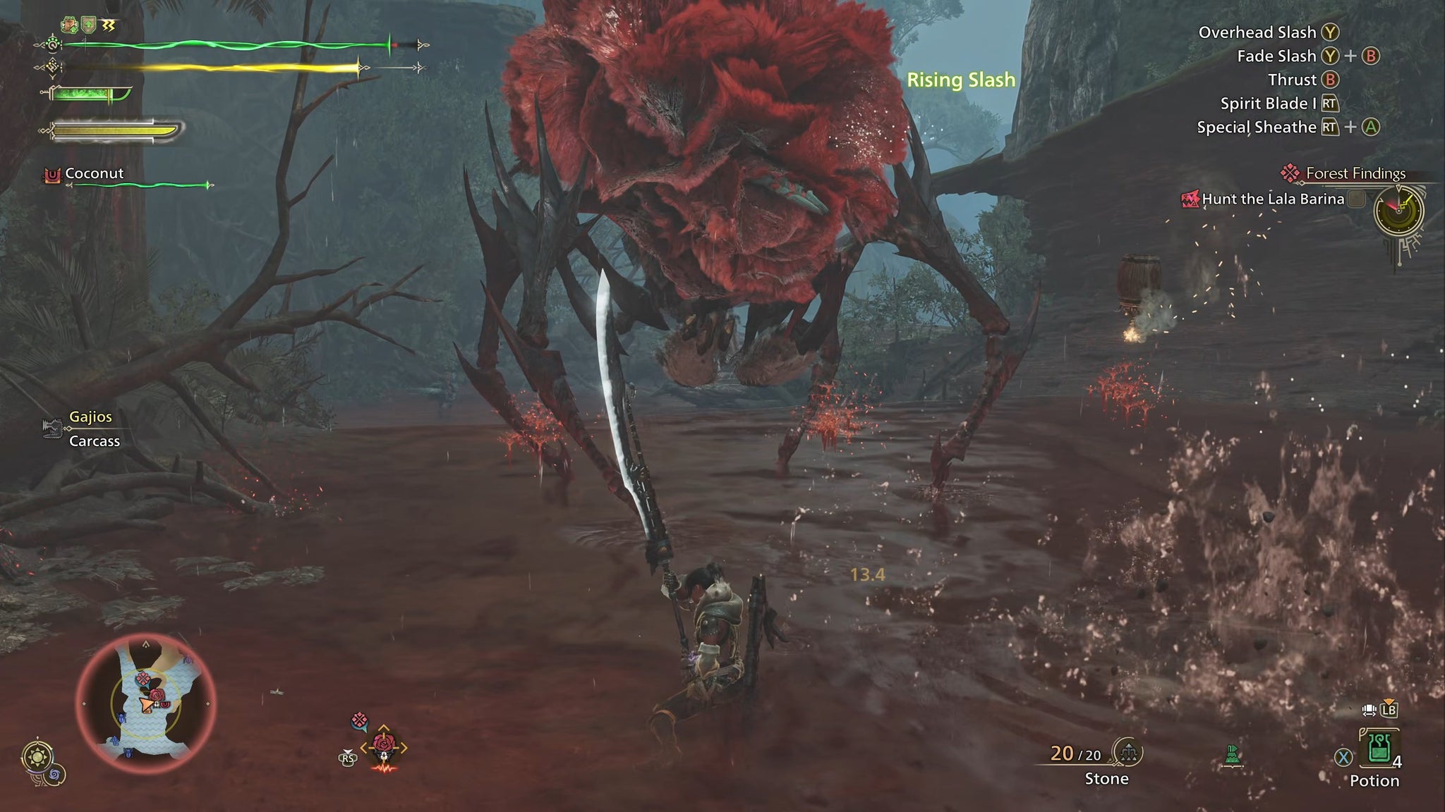 A Lala Barina in Monster Hunter Wilds raises its tail high and tucks its claws up under itself to prepare for a tail attack towards the player. - 7