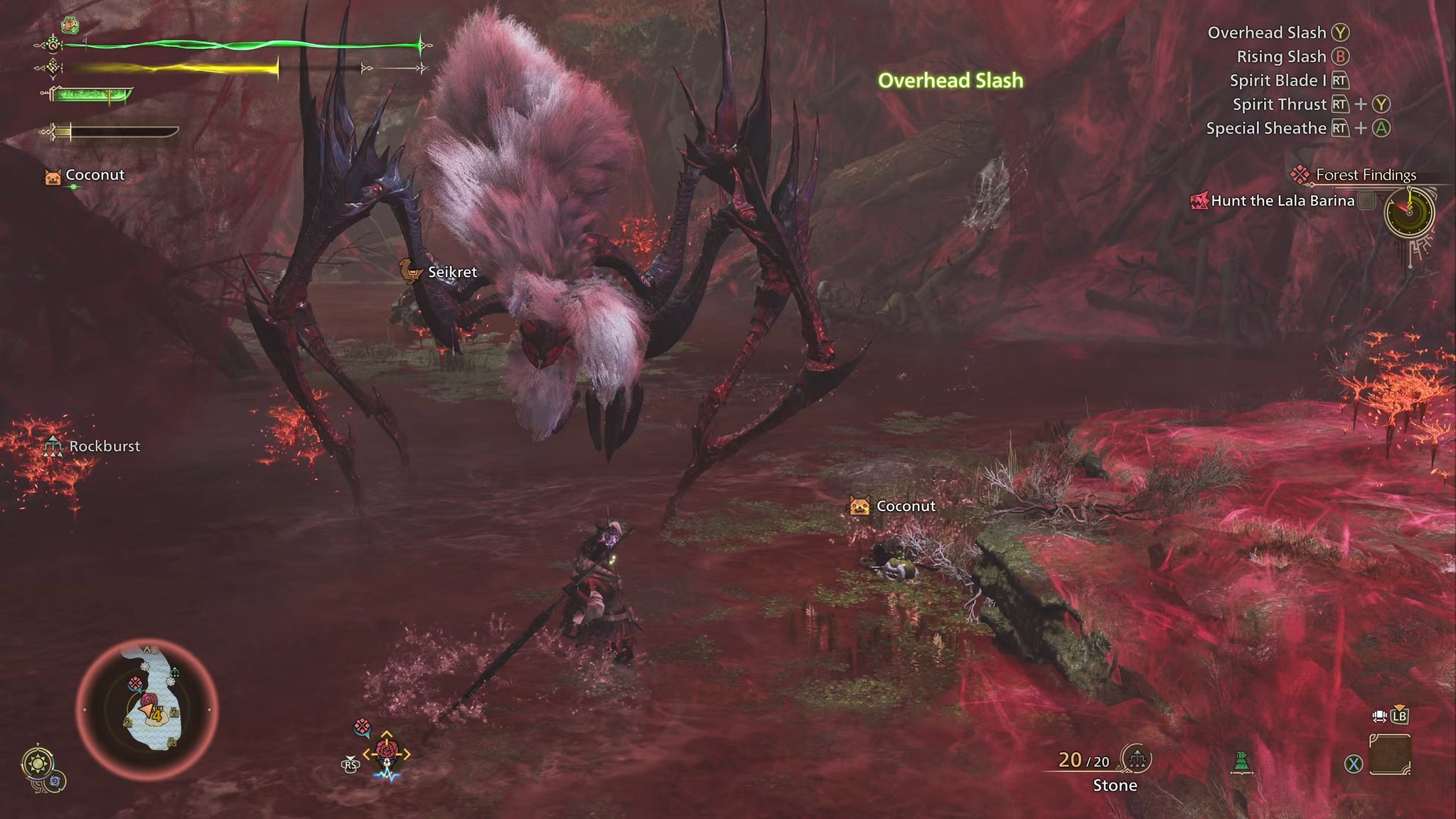 The player in Monster Hunter Wilds faces off against a spider-like Lala Barina monster in a cave flooded with red water. - 6