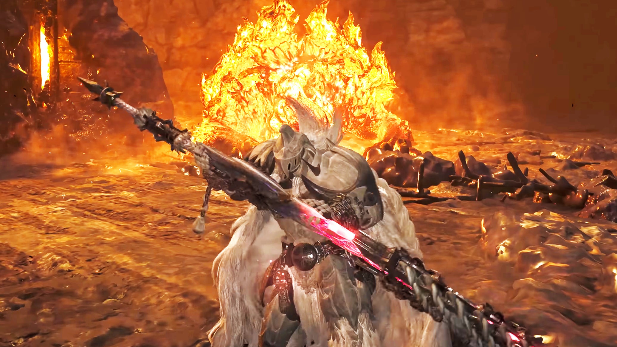 A hunter clad in white in Monster Hunter Wilds sheathes their glowing sword in a lava hellscape, with a flaming monster behind them. - 1
