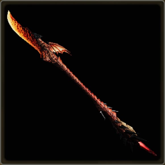A close-up of a weapon in Monster Hunter Wilds against a black background.