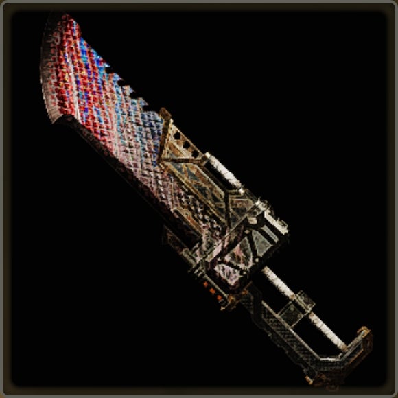 A close-up of a weapon in Monster Hunter Wilds against a black background.