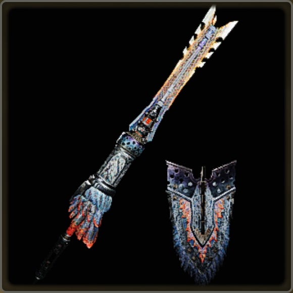 A close-up of a weapon in Monster Hunter Wilds against a black background.