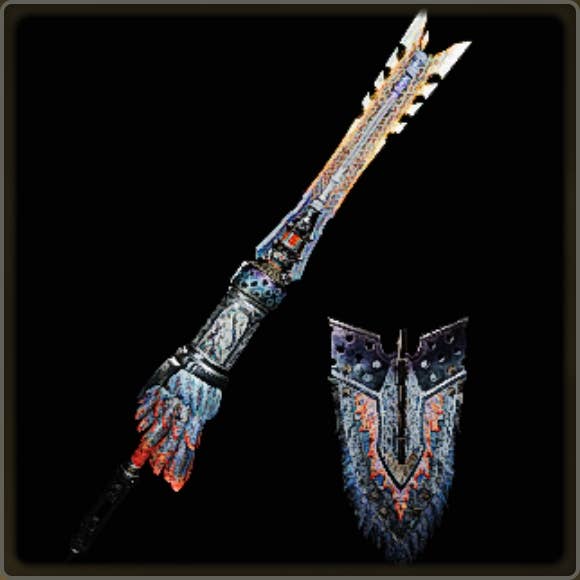 A close-up of a weapon in Monster Hunter Wilds against a black background.