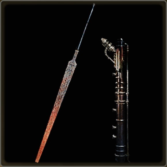 A close-up of a weapon in Monster Hunter Wilds against a black background.
