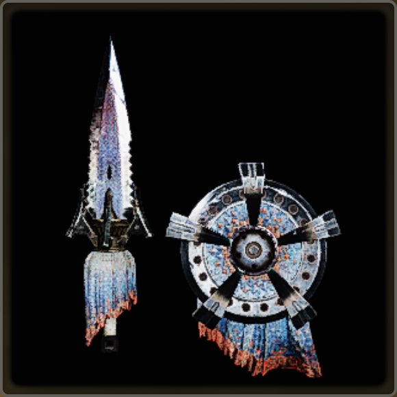 A close-up of a weapon in Monster Hunter Wilds against a black background.