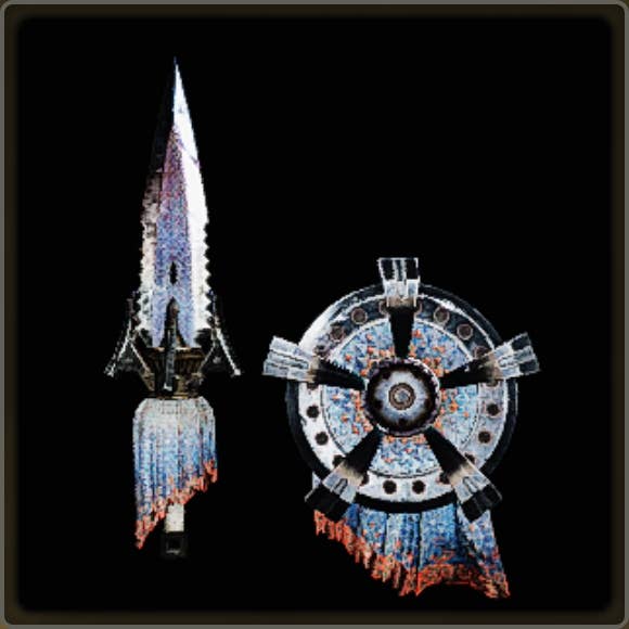A close-up of a weapon in Monster Hunter Wilds against a black background.