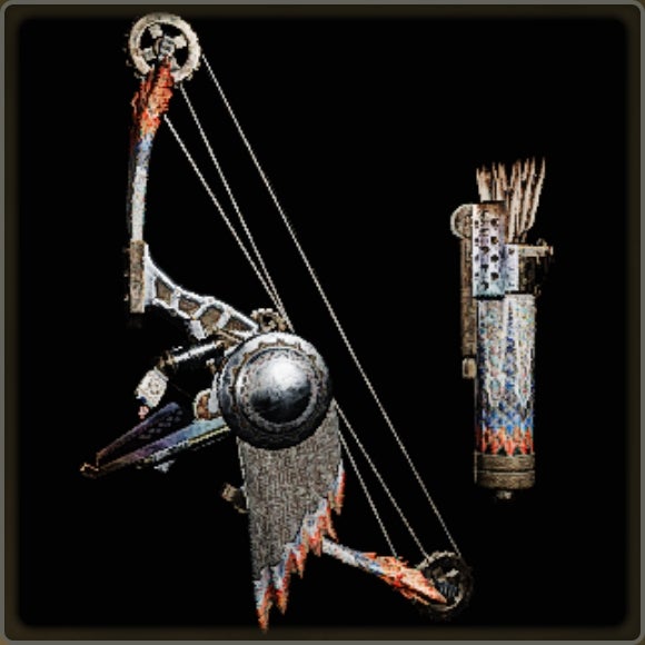 A close-up of a weapon in Monster Hunter Wilds against a black background.