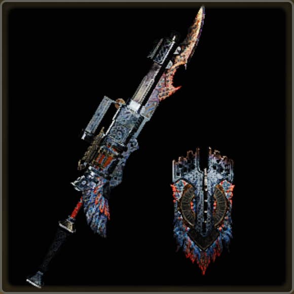 A close-up of a weapon in Monster Hunter Wilds against a black background.