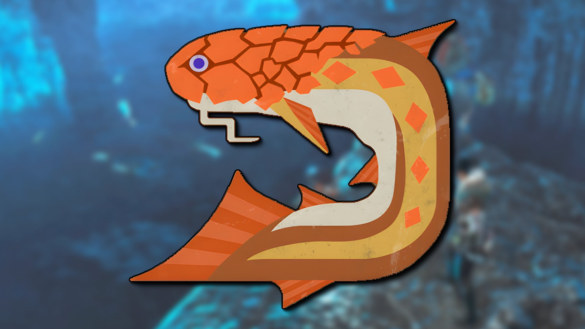 An enlarged icon of a Gravid Bowfin, an orange fish in Monster Hunter Wilds, superimposed over a blue watery background. - 1