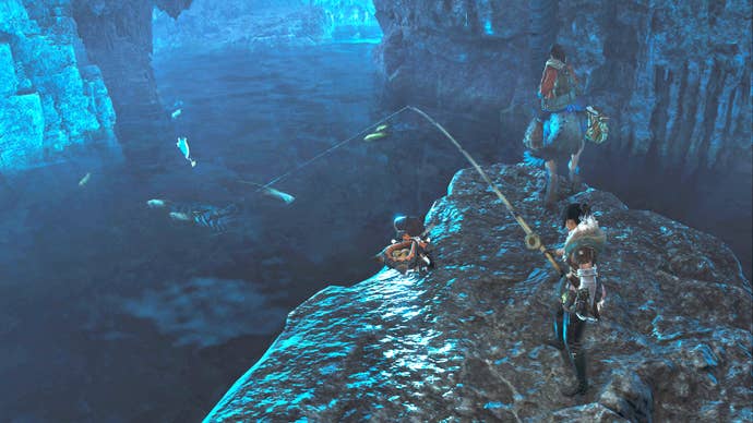 The player hunter in Monster Hunter Wilds holds a fishing rod while waiting for a catch inside a secluded cave fishing spot.
