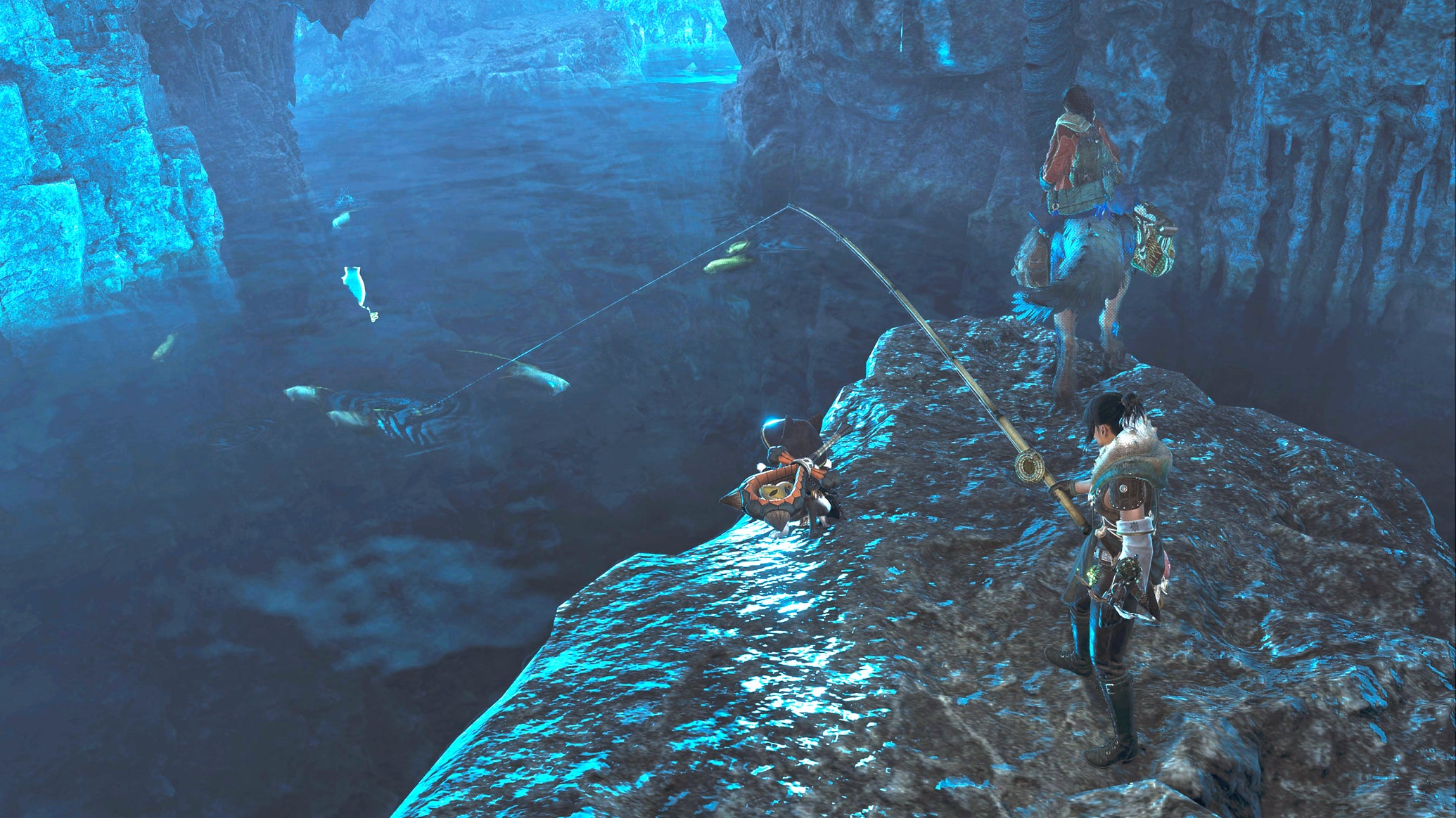 The player hunter in Monster Hunter Wilds holds a fishing rod while waiting for a catch inside a secluded cave fishing spot. - 1