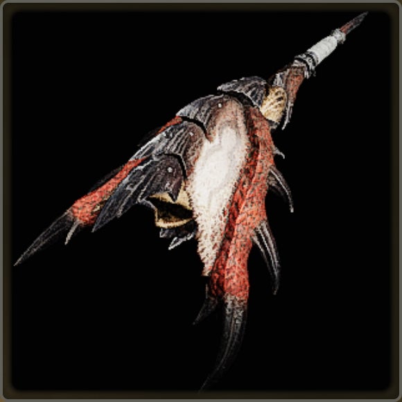 A close-up of a weapon in Monster Hunter Wilds against a black background.