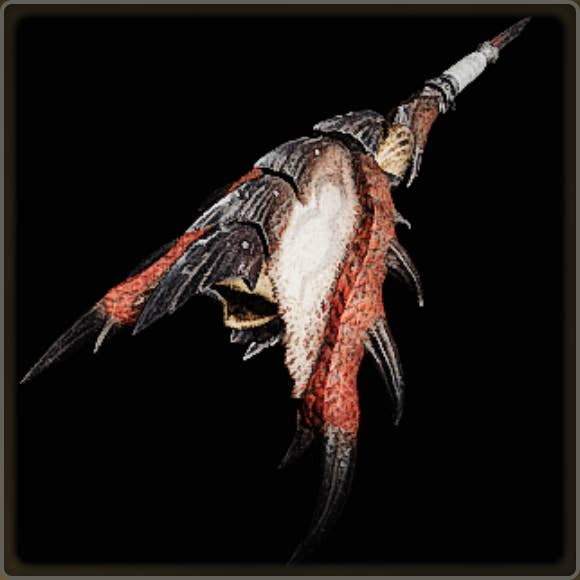 A close-up of a weapon in Monster Hunter Wilds against a black background.