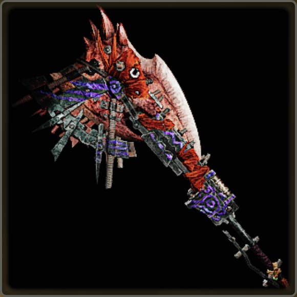 A close-up of a weapon in Monster Hunter Wilds against a black background.