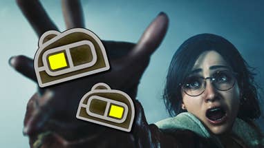 Alma, a character in Monster Hunter Wilds, reaches out with her hand towards the camera with a look of horror. Over her outstretched hand is superimposed two mouse button icons as seen in the Monster Hunter Wilds settings menu.