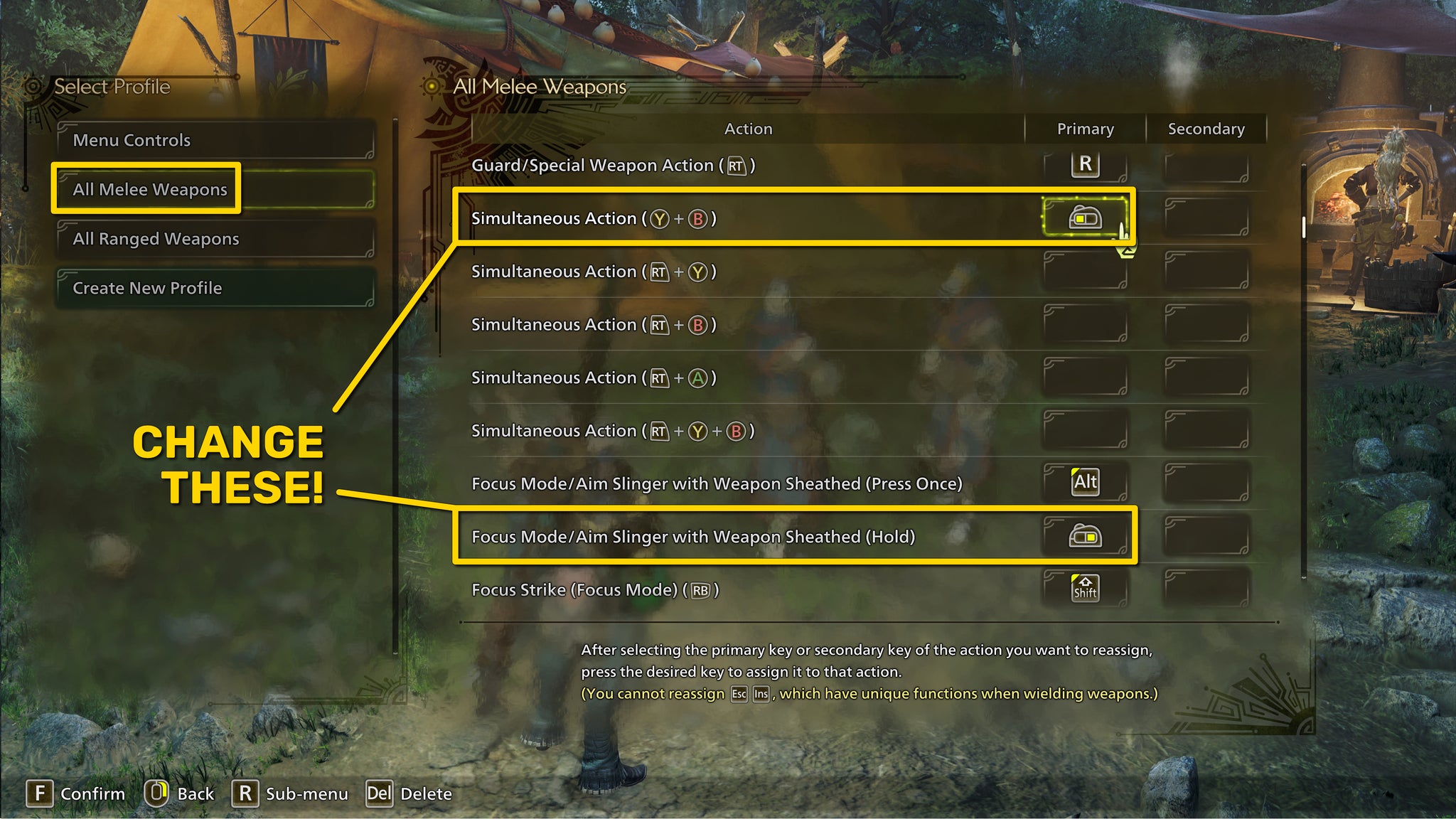 A screenshot of the Monster Hunter Wilds keyboard configuration menu, with the Focus Mode and Simultaneous Action keybinds highlighted. - 6