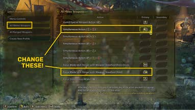 A screenshot of the Monster Hunter Wilds keyboard configuration menu, with the Focus Mode and Simultaneous Action keybinds highlighted.