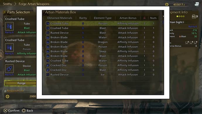 monster hunter wilds forge artian weapon menu material list