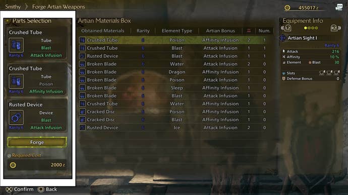 monster hunter wilds forge artian weapon menu parts list add option