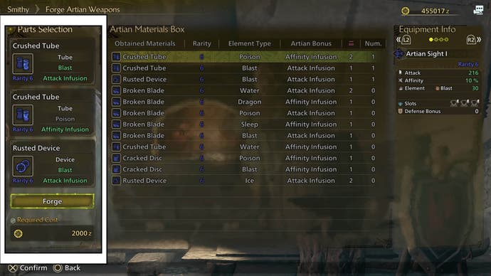 monster hunter wilds forge artian weapon menu parts list add option