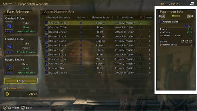 monster hunter wilds forge artian weapon menu stats list