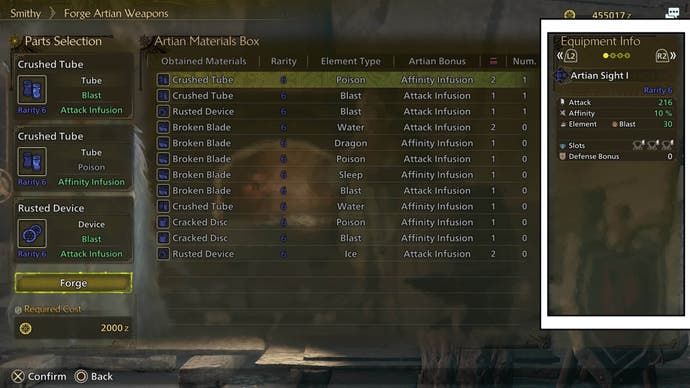 monster hunter wilds forge artian weapon menu stats list