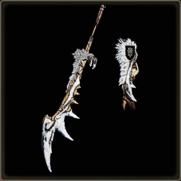 A close-up of a weapon in Monster Hunter Wilds against a black background.