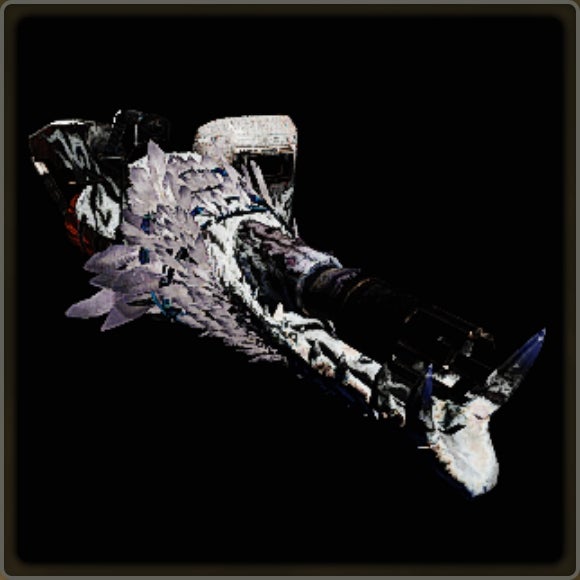 A close-up of a weapon in Monster Hunter Wilds against a black background.