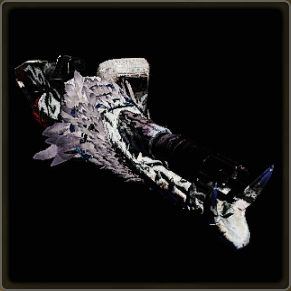 A close-up of a weapon in Monster Hunter Wilds against a black background.