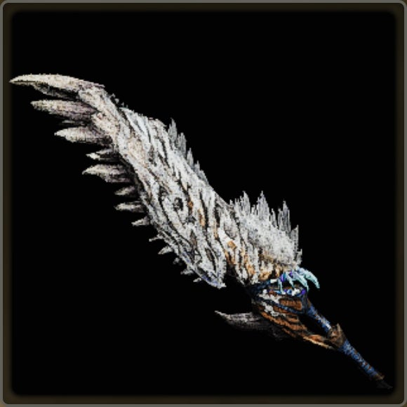 A close-up of a weapon in Monster Hunter Wilds against a black background.