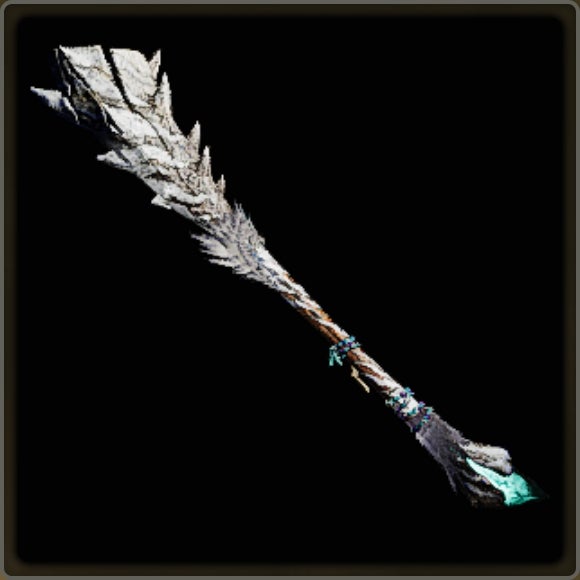 A close-up of a weapon in Monster Hunter Wilds against a black background.