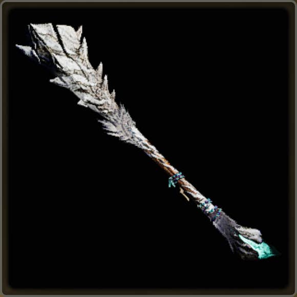 A close-up of a weapon in Monster Hunter Wilds against a black background.