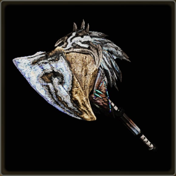 A close-up of a weapon in Monster Hunter Wilds against a black background.