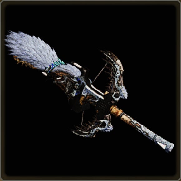A close-up of a weapon in Monster Hunter Wilds against a black background.