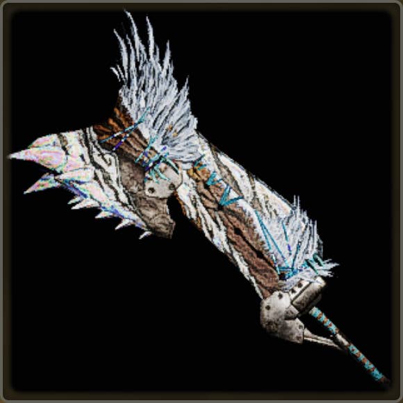 A close-up of a weapon in Monster Hunter Wilds against a black background.